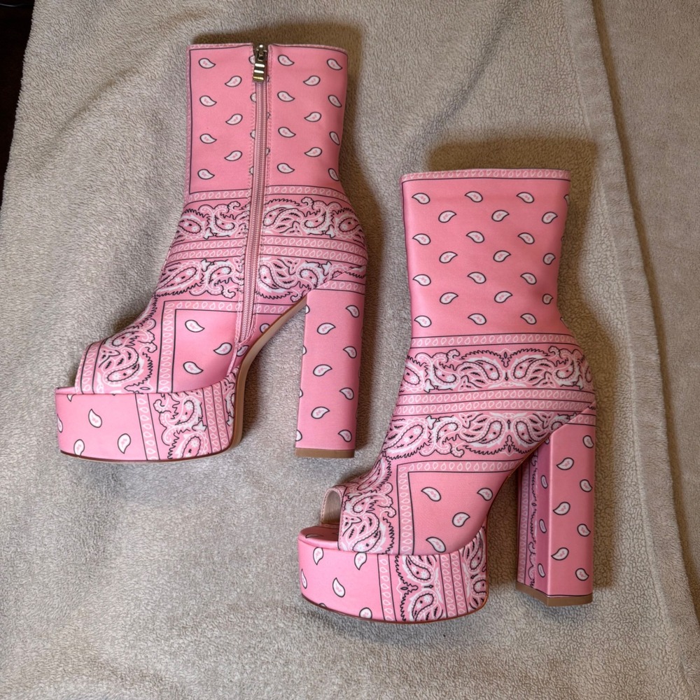 Azalea Wang Pink Bandana Paisley Peep Toe Platform Block Heel Boots Sz 8.5 - Picture 5 of 8